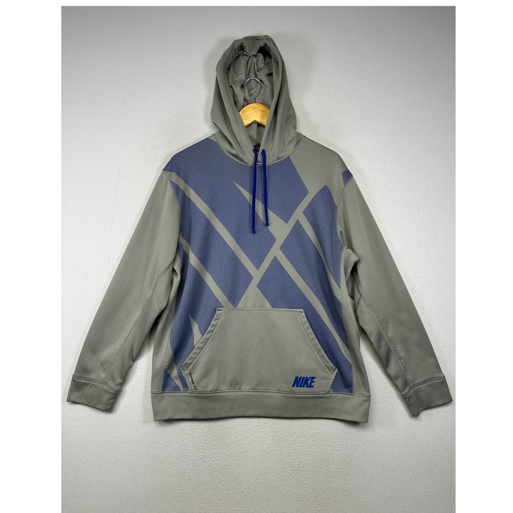 Gorpcore Nike Mens L Grey Blue Therma-FIT Geometric Graphic Pullover Hoodie